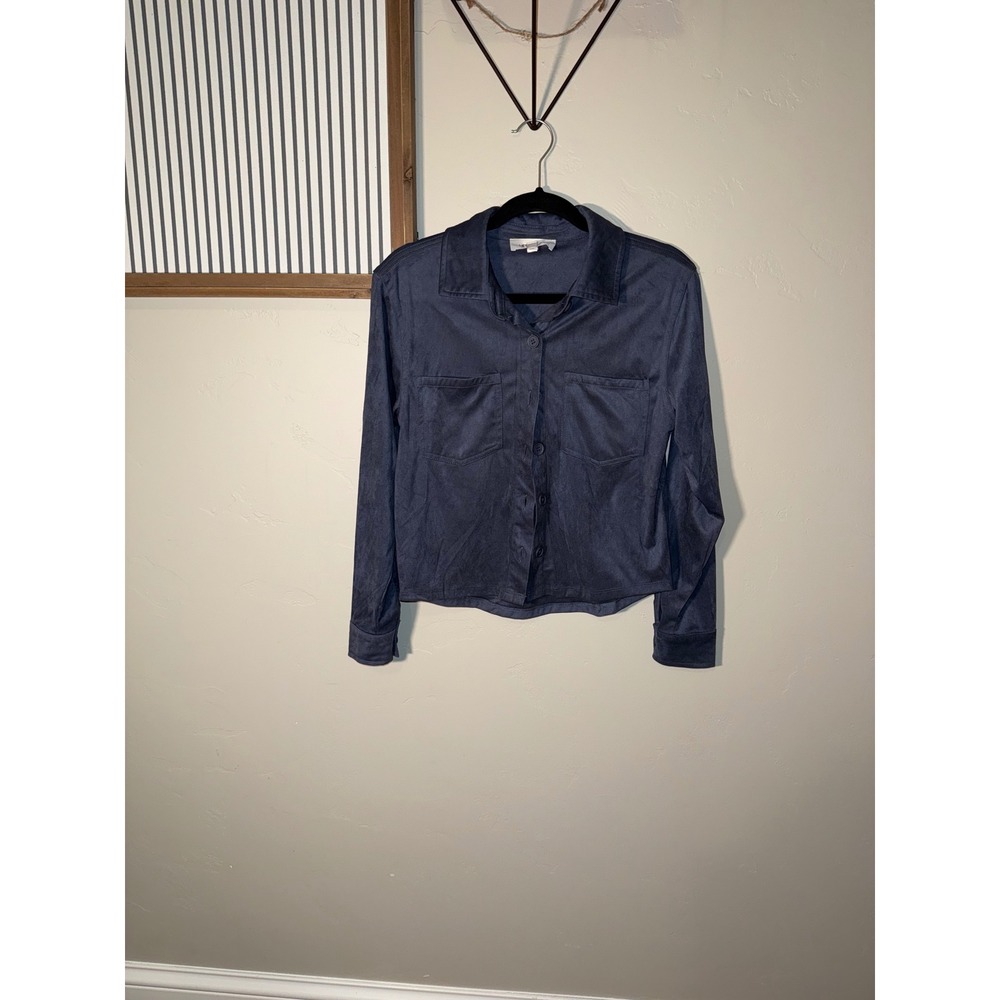 Hippie Rose Navy Blue Faux Suede Button Down Shirt Long Sleeve Small